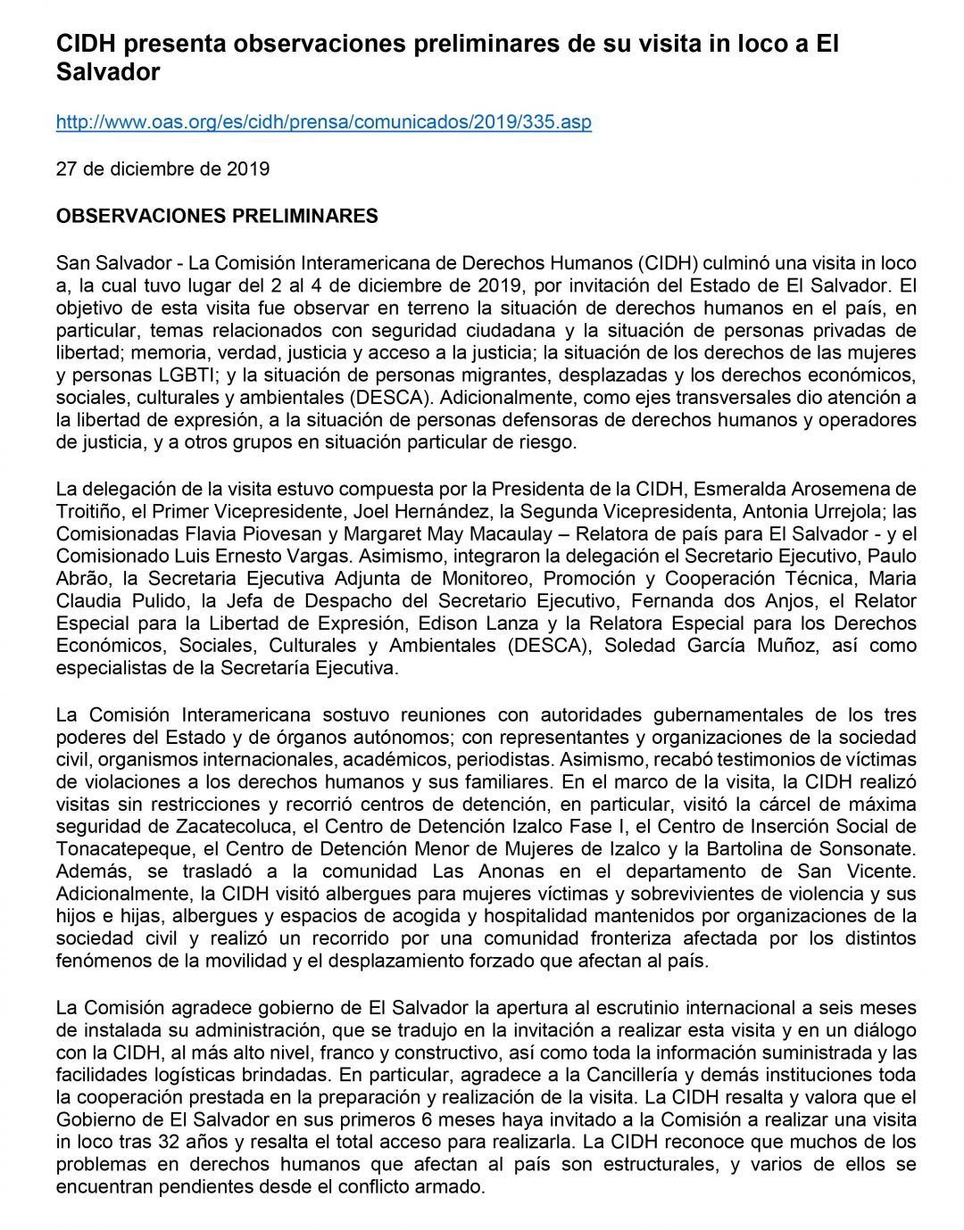 Informe Preliminar De La CIDH Sobre Visita A El Salvador – FESPAD