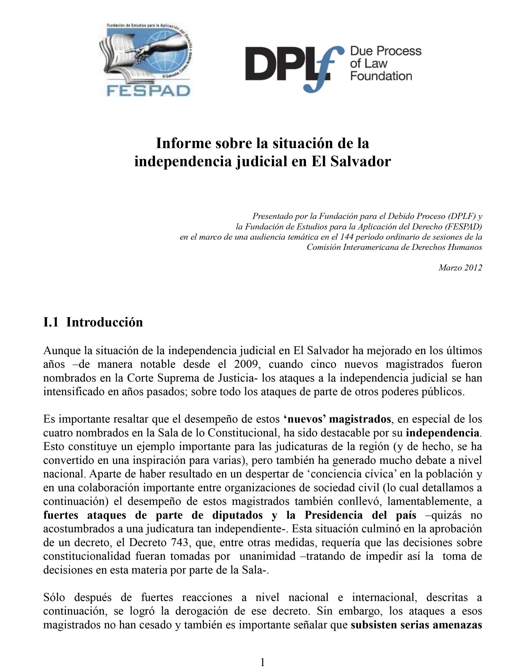 Informe: Situación De La Independencia Judicial En El Salvador – FESPAD